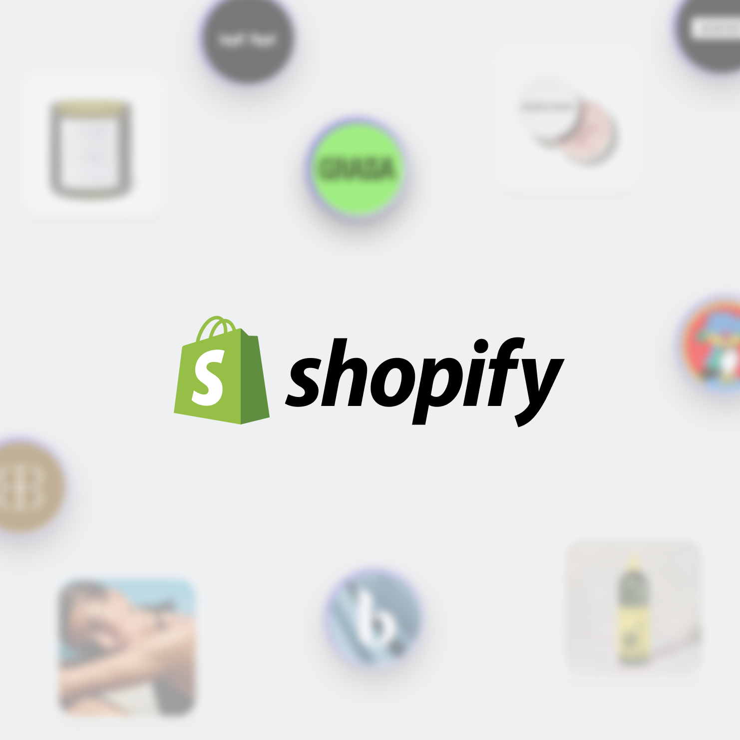 The Shopify logo surrounded by store icons available on Shop