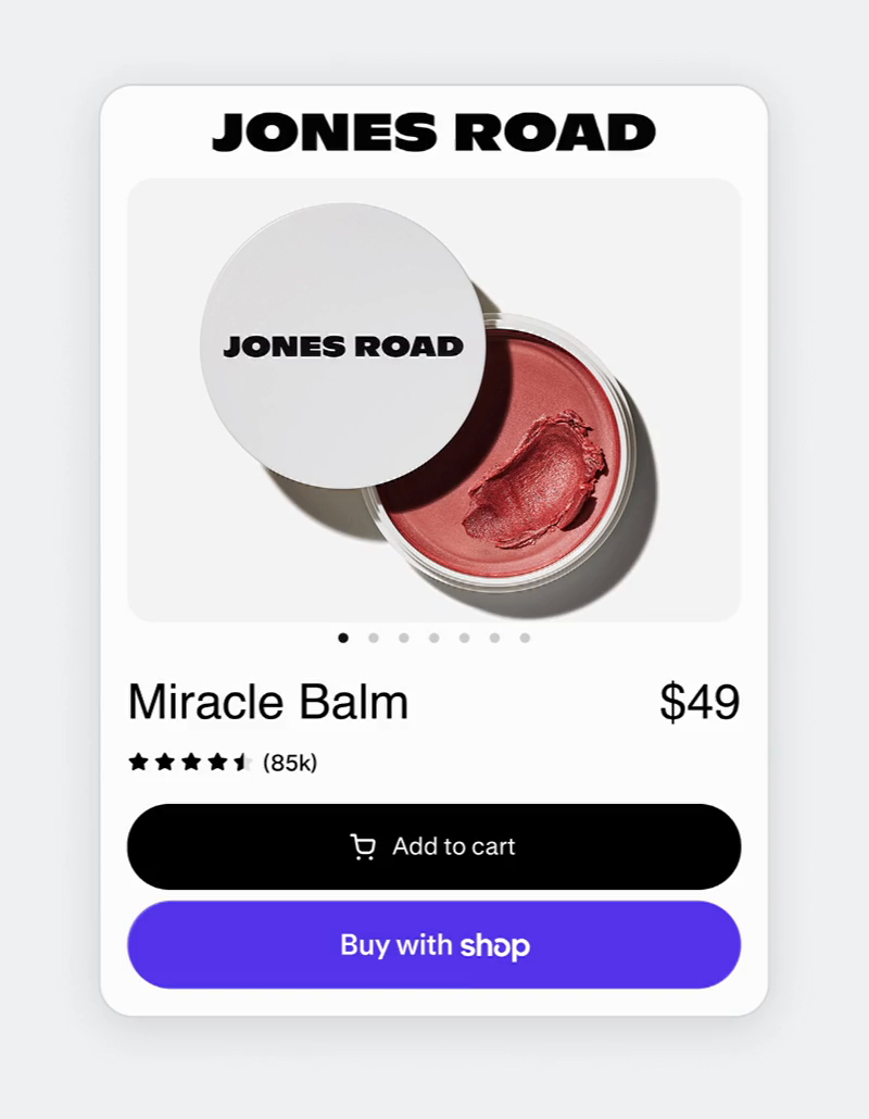 A product page with the Buy with Shop button, next to the products it sells