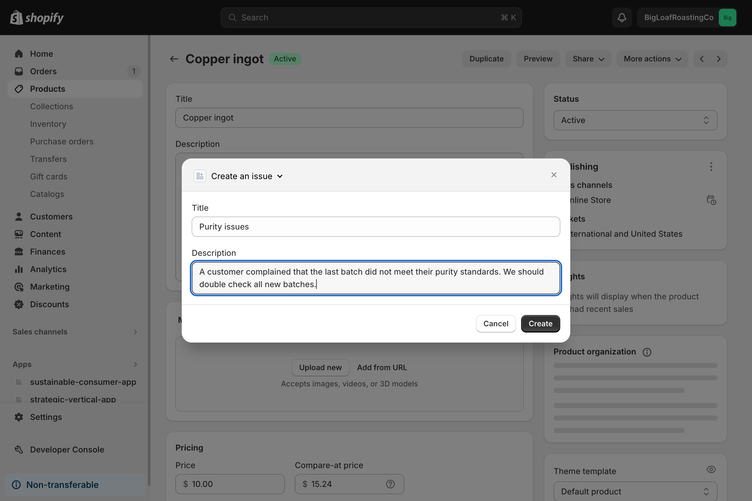The issue tracker action over a modal. The action has input fields for a title and description.