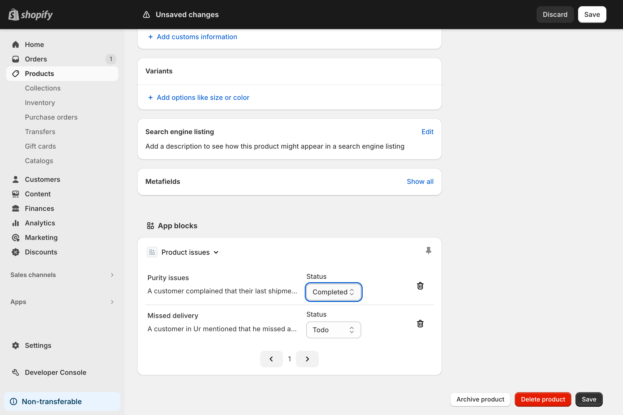 The new block UI extension, at the bottom of the page. Two issues, created with the action, display.
