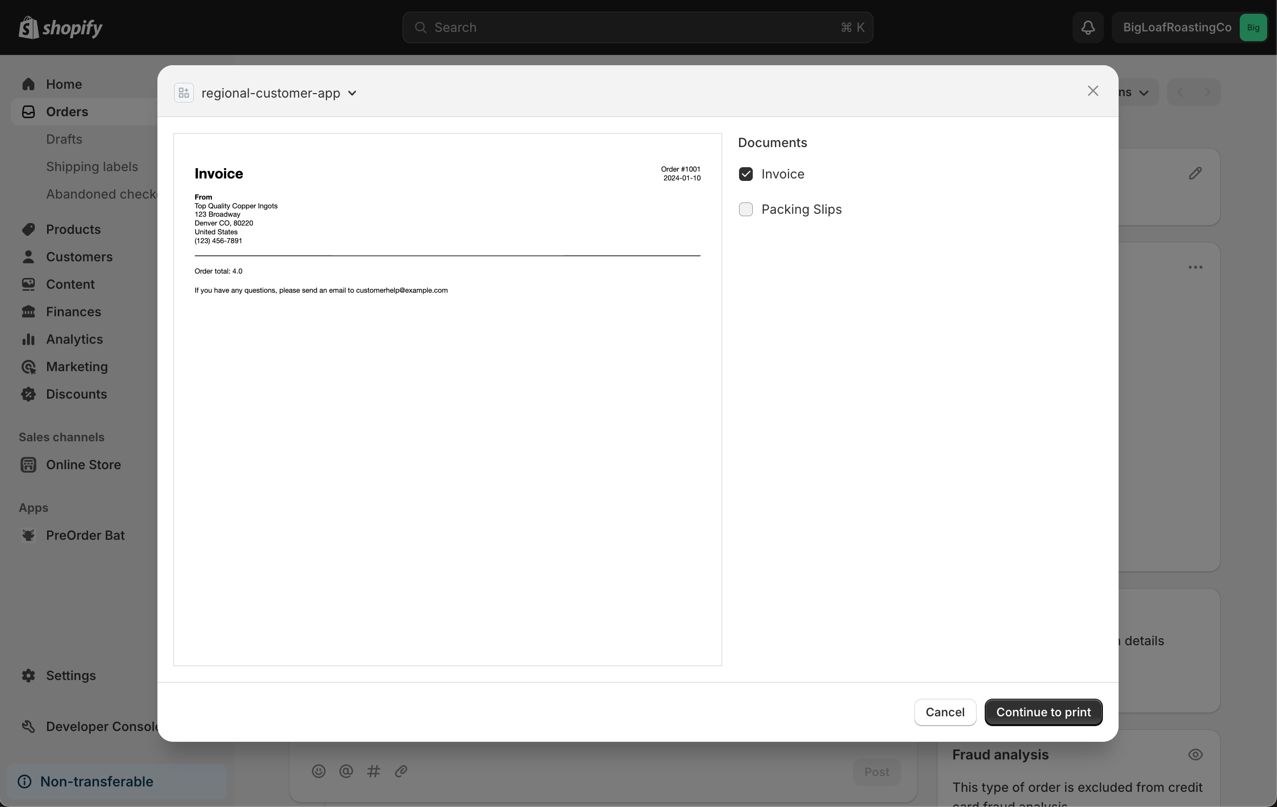 A UI extension for a print action, as displayed in Shopify admin