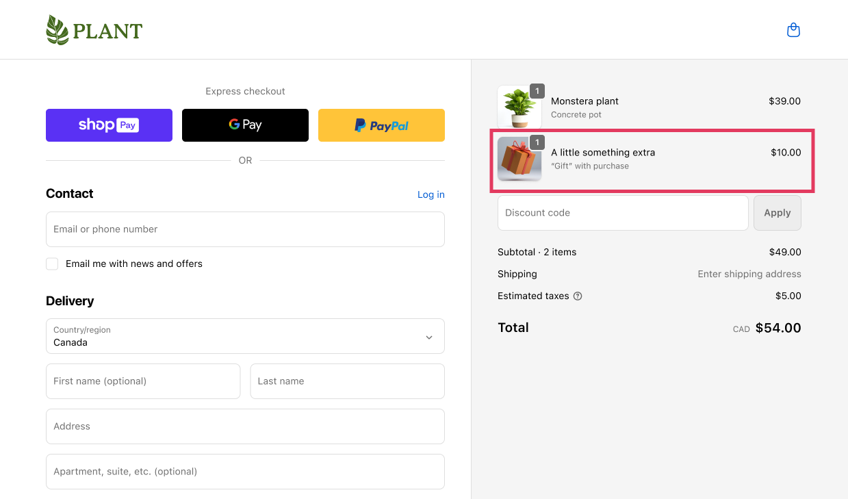 Shopify Checkout extension with an optional extra charge disguised as an opt-out 'gift' included with purchase
