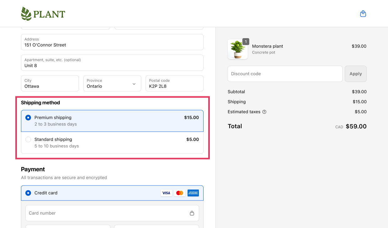 Checkout where shipping options have been manipulated to default to a higher-priced shipping option