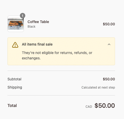 The custom banner in checkout, indicating that items are final sale and can't be returned or exchanged
