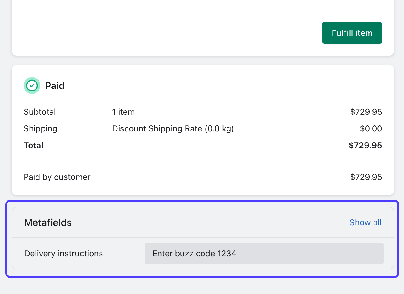 Delivery instructions in the order details page.