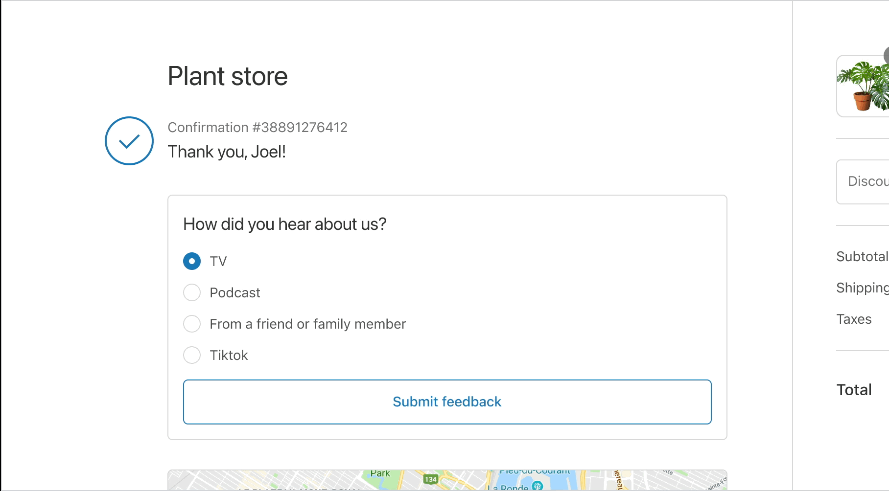 A GIF that shows a post-checkout customer survey extension rendering and responding to input.
