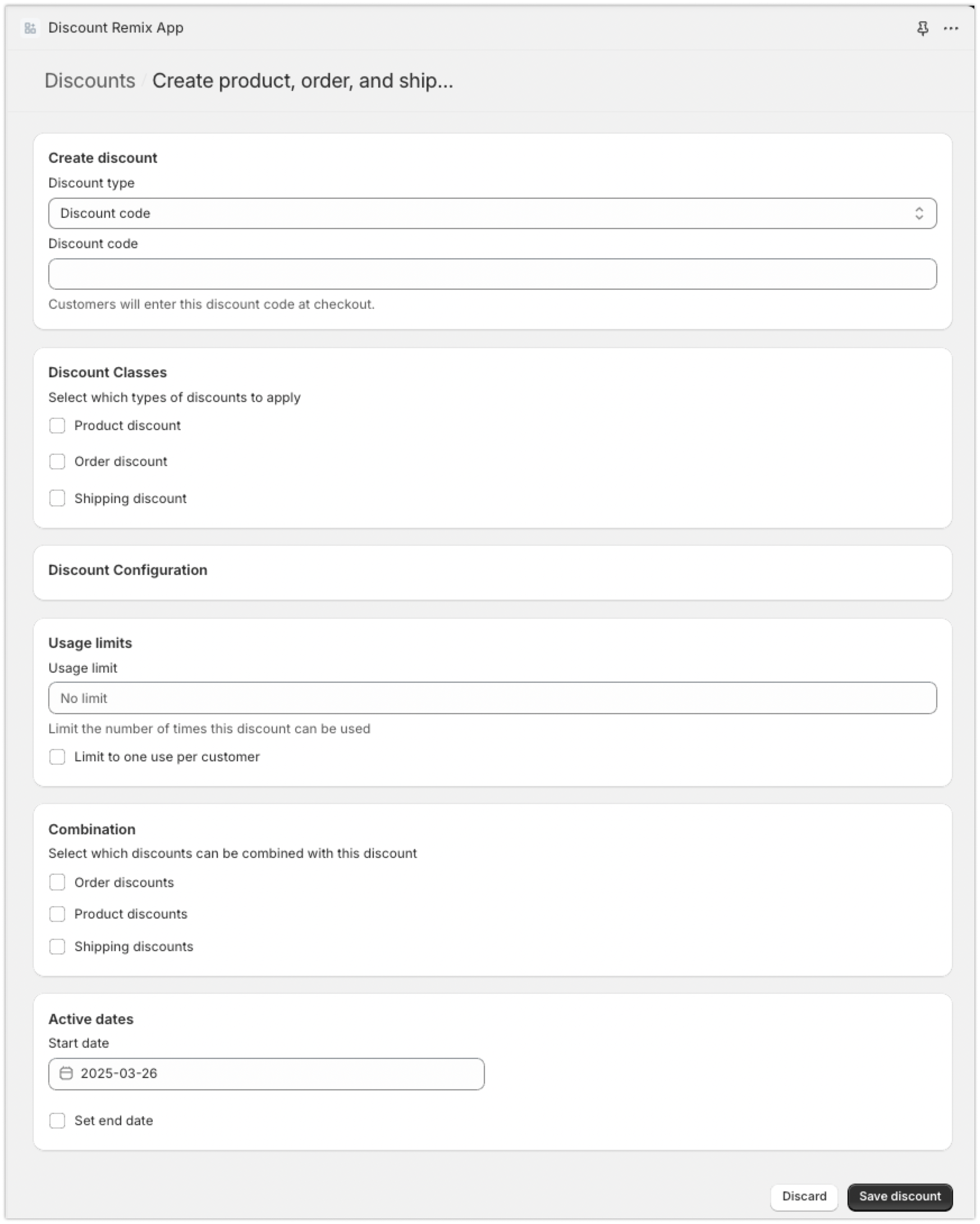 The UI for configuring the discount