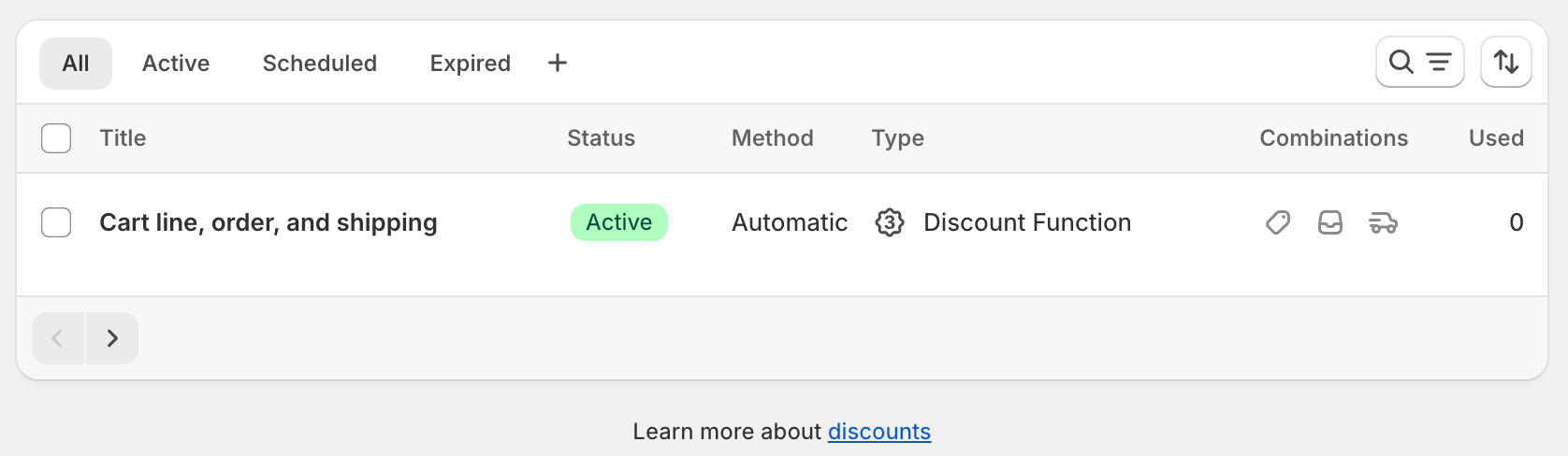 A list of all active discounts for the store.