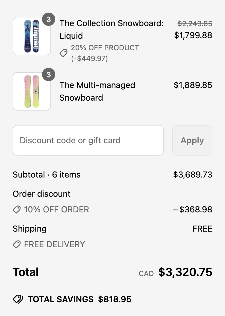 A checkout summary that lists discounts for all three classes