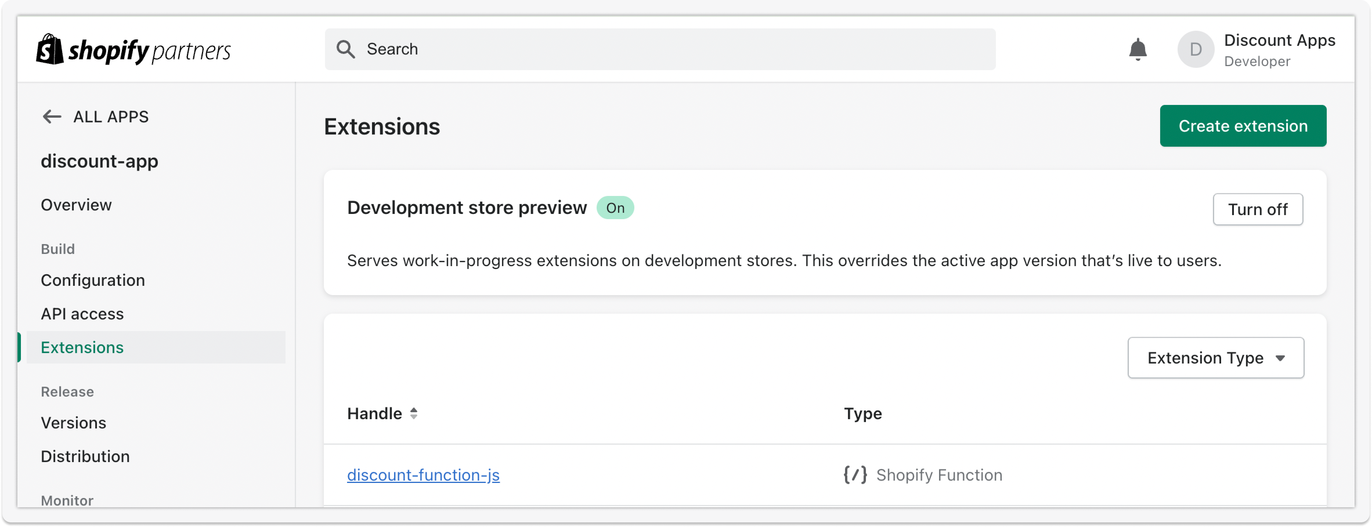 The Partner Dashboard with the Versions and Extensions sections highlighted.
