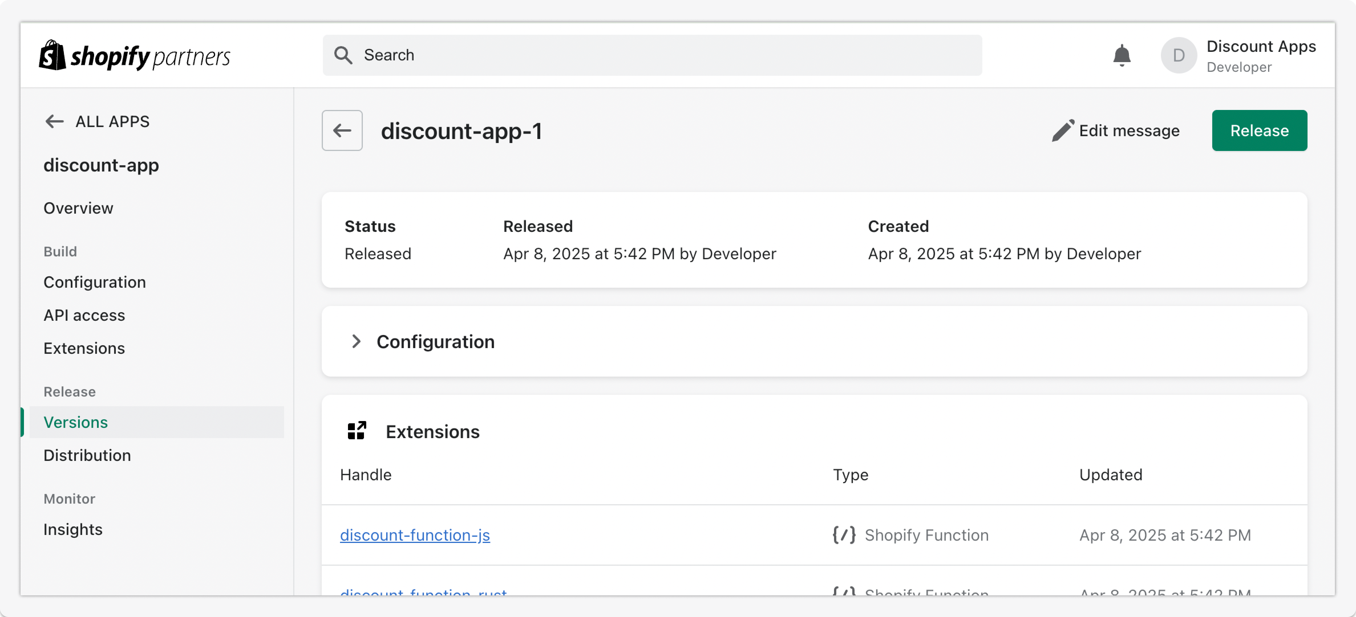 The Partner Dashboard with the Versions section highlighted.