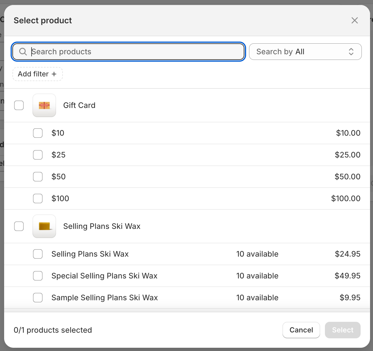 Screenshot showing an App Bridge modal for selecting products