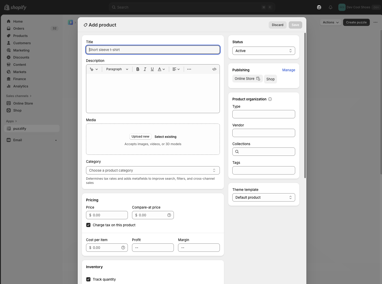 The native product editor opened from an app using admin intents.