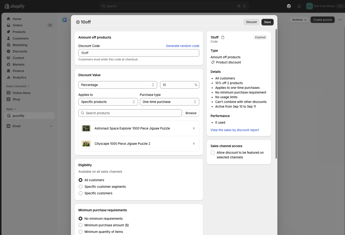 The native discount editor opened from an app using admin intents.