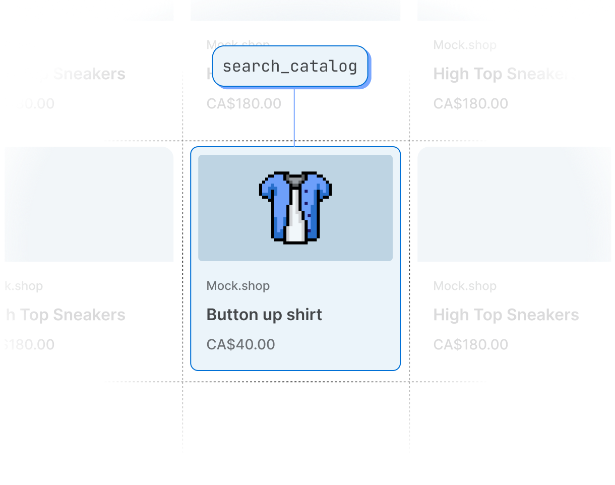 Search results across multiple Shopify merchants, with product titles, images, and variant details surfaced for an agent to act on.