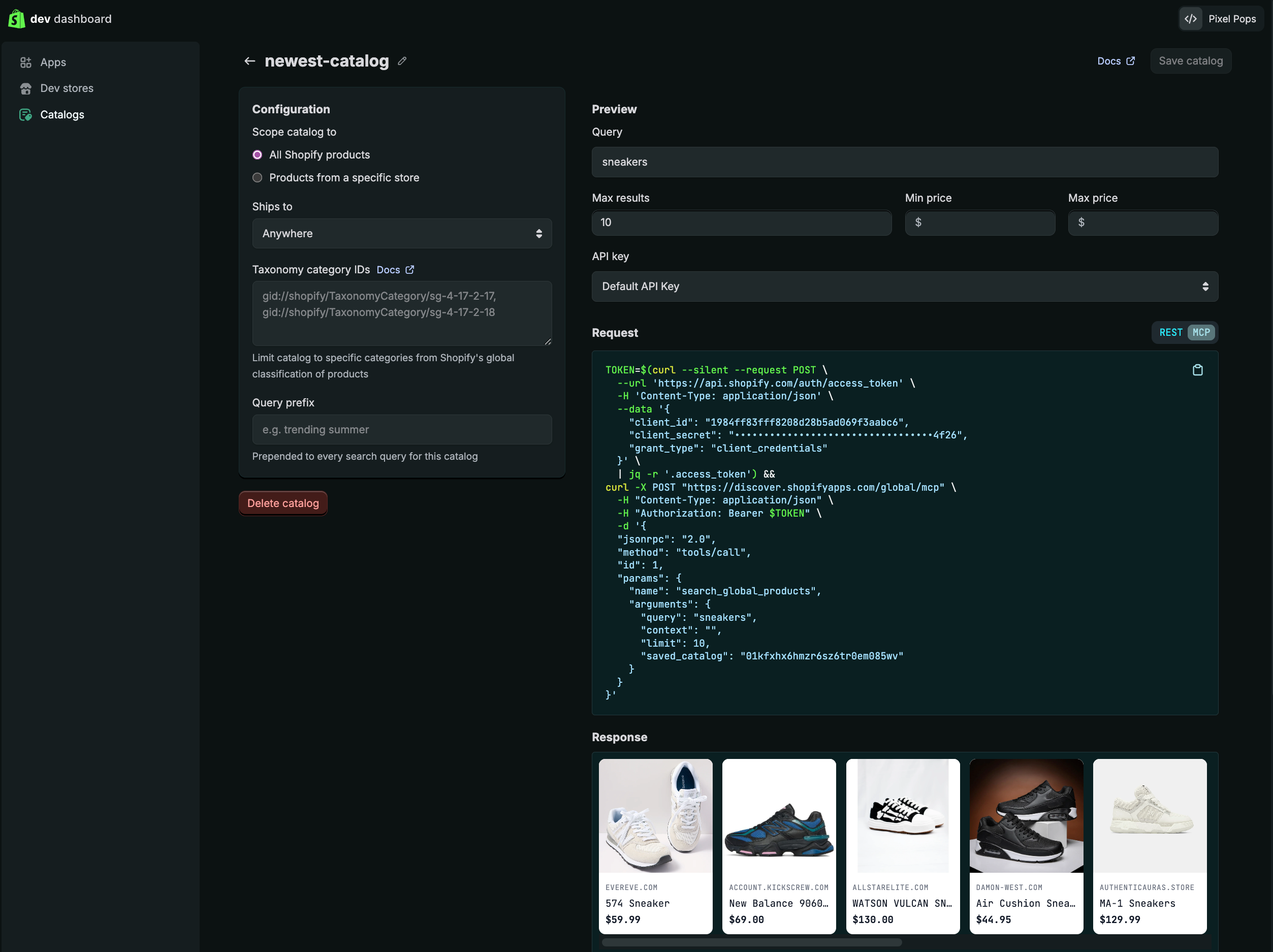 Dev Dashboard catalog configuration with filter options