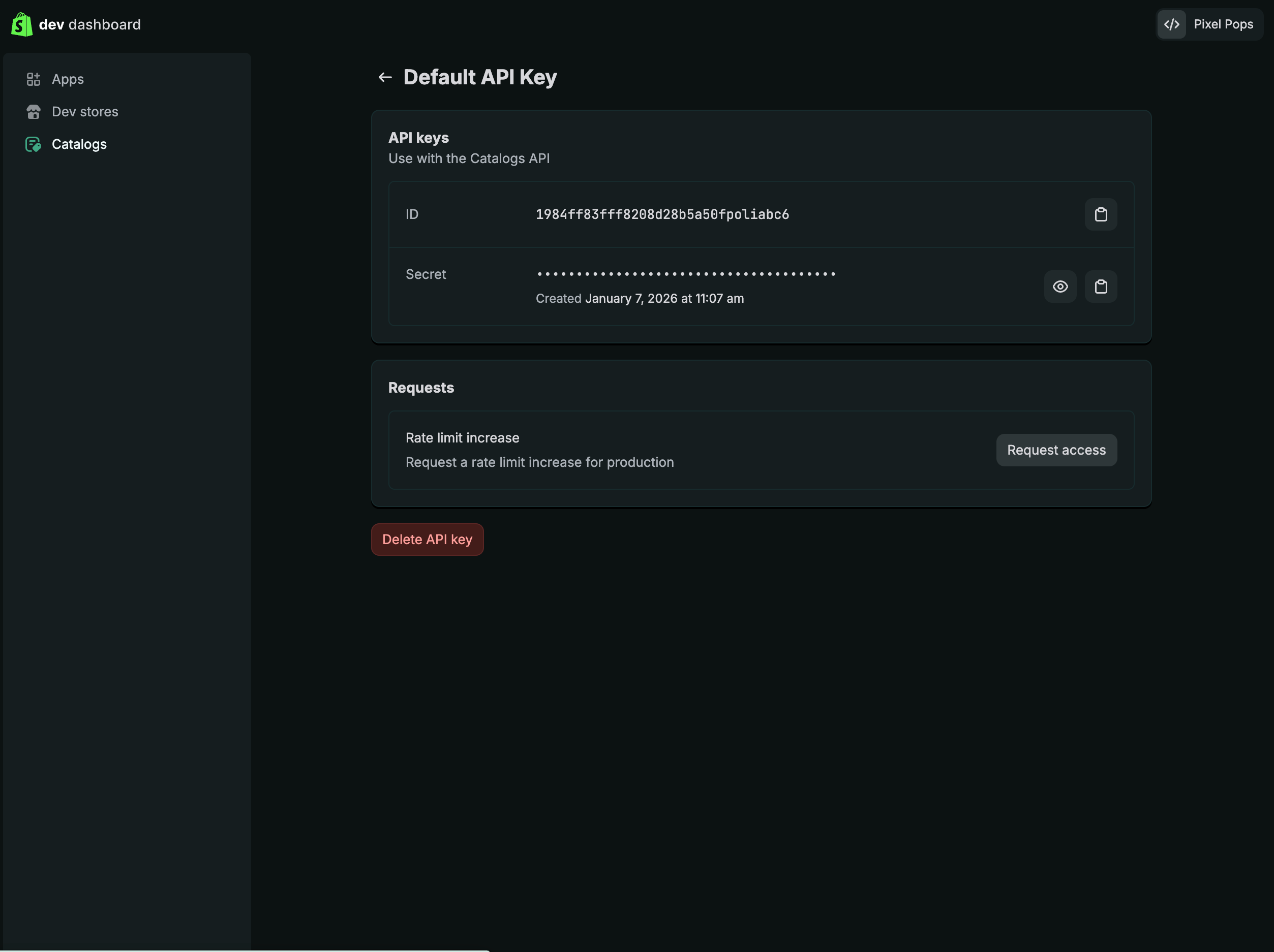 Dev Dashboard Default API key page for the Catalogs API