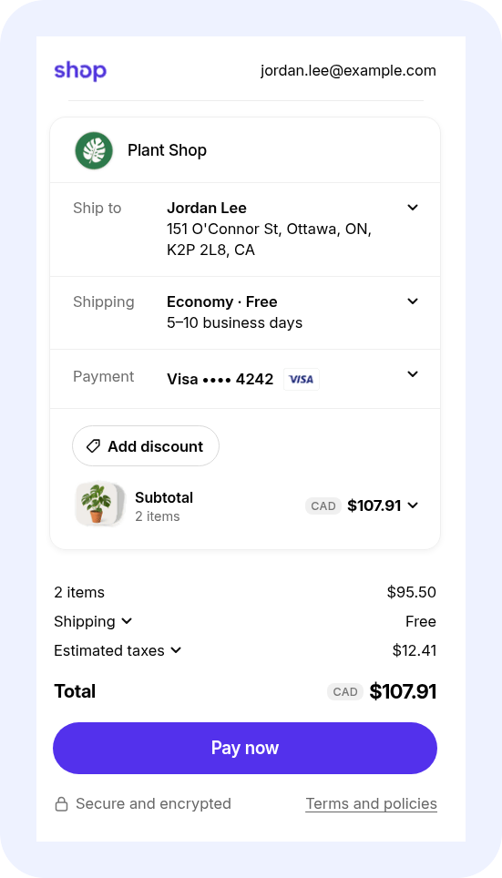 Shop Pay for a cart from one store: the buyer's address, a shipping option, a saved Visa card, the subtotal, shipping, taxes, and total, and a Pay now button.