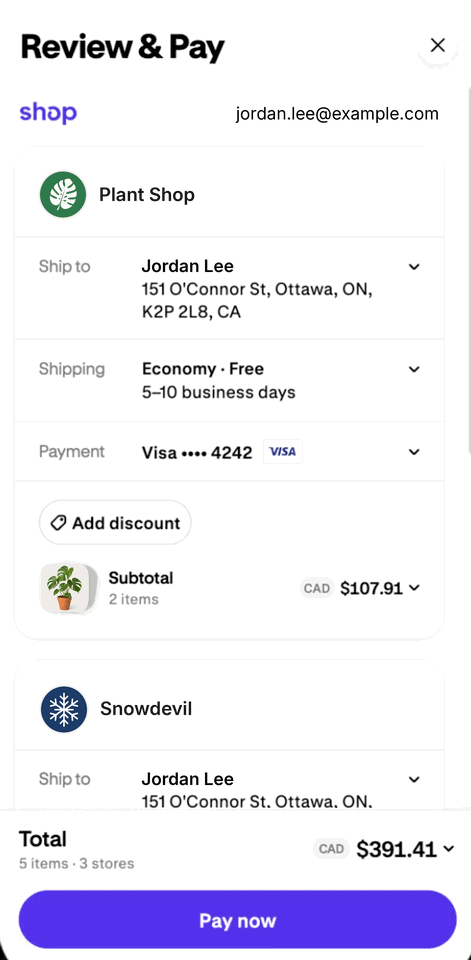 A buyer reviews items from several merchants and pays for them in one combined checkout.