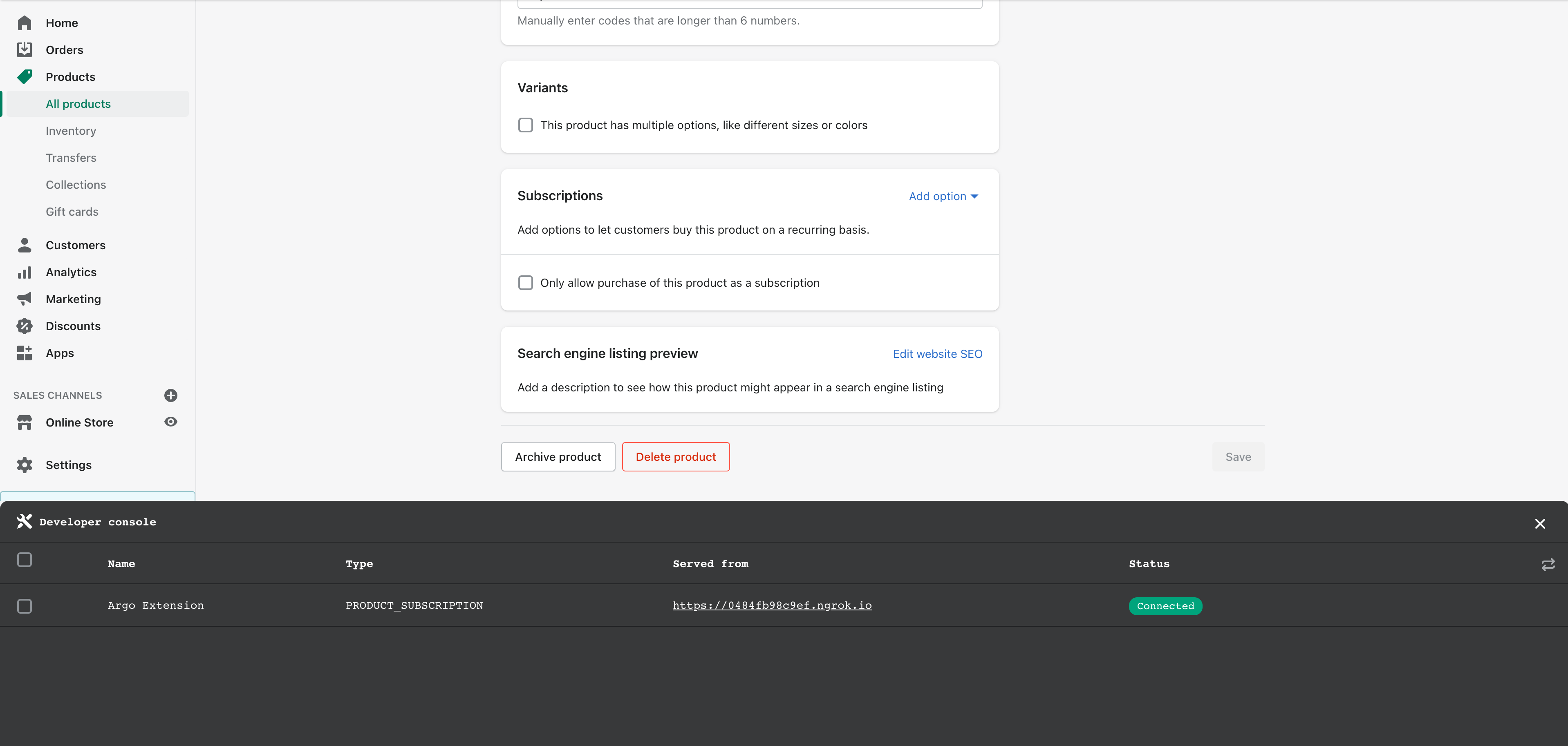 Developer console with subscriptions card