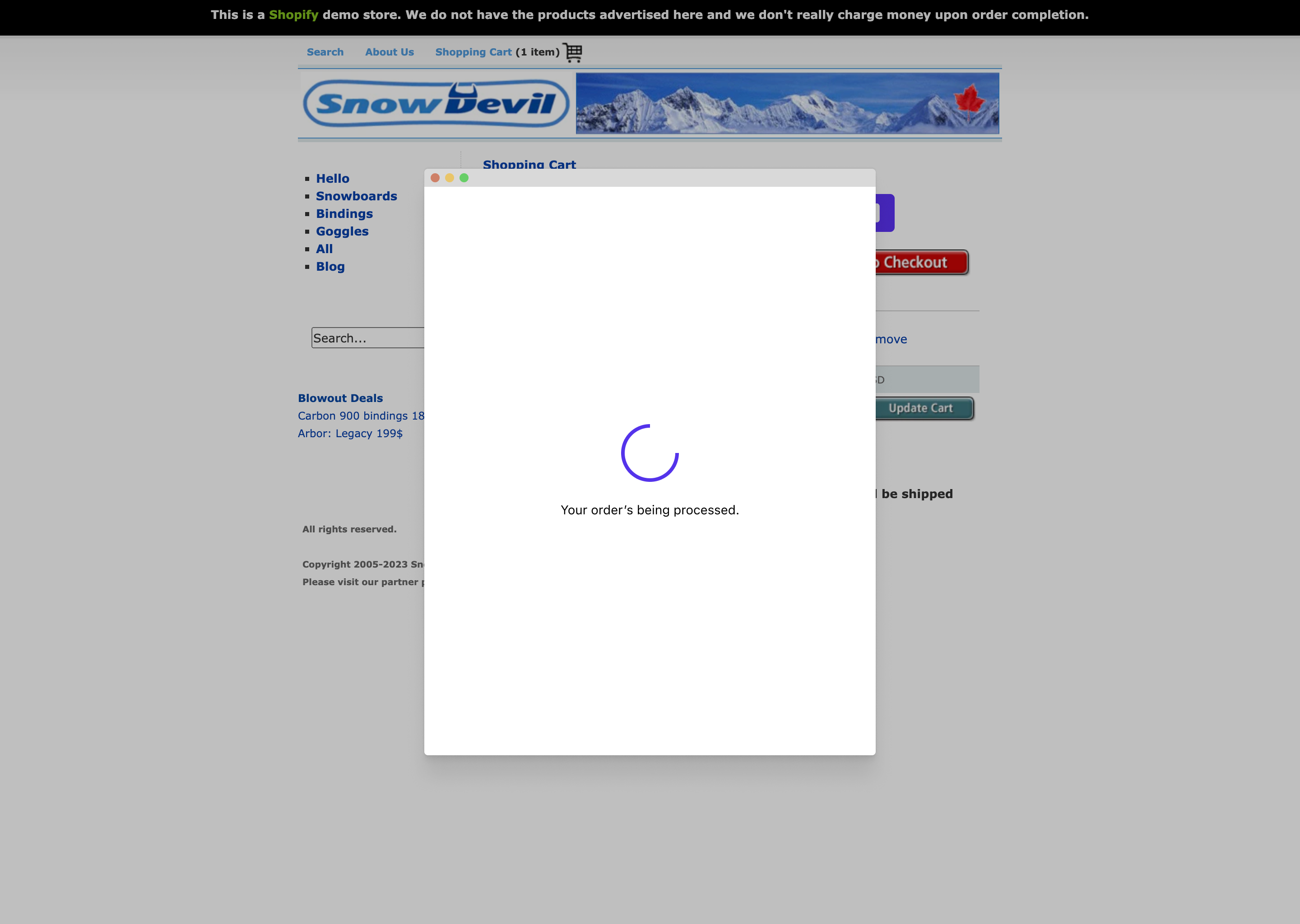 Shop popup checkout processing a payment