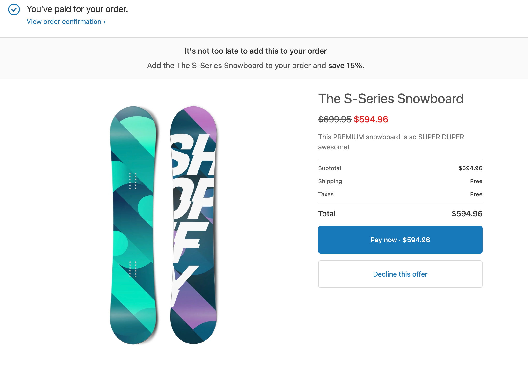 The post purchase page displaying a snowboard offer for a 15 percent discount