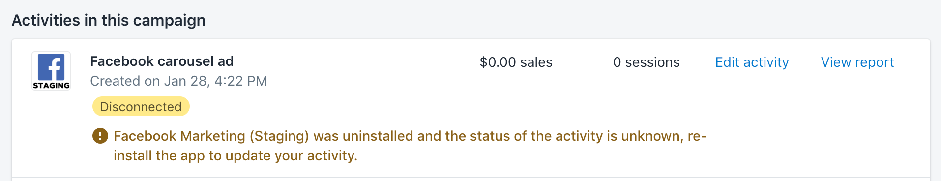 Screenshot of a disconnected marketing activity.