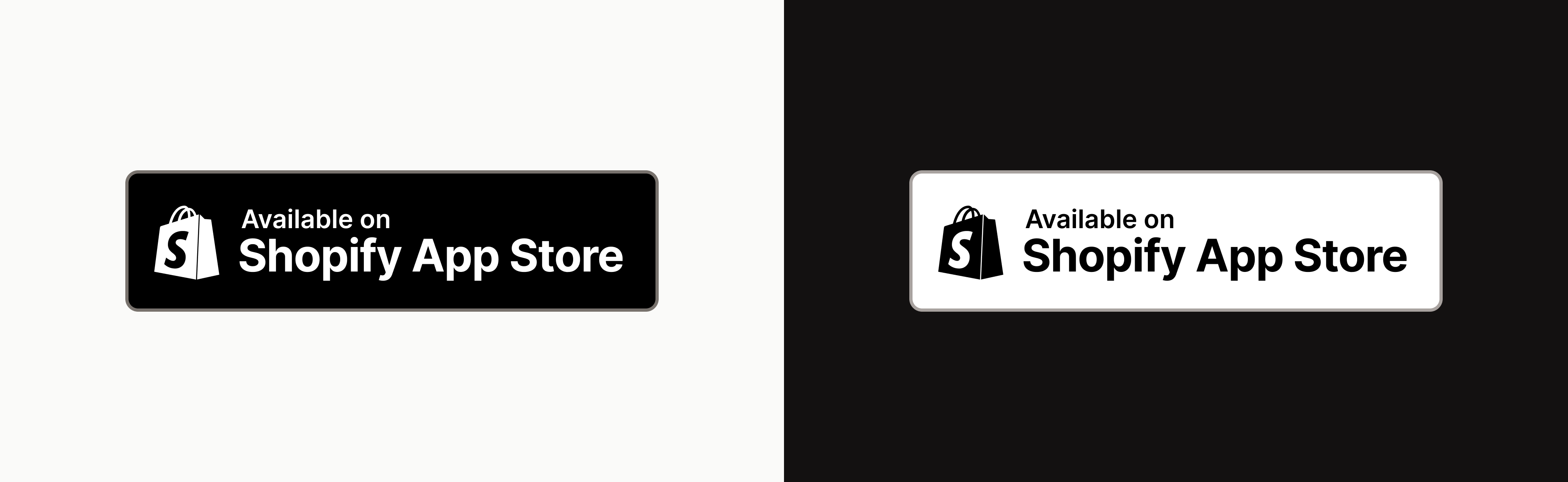 Both badges show the Shopify logo and the text 'Find it on the Shopify App Store'. The preferred badge shows a white logo and text on a black background. The alternative badge shows a black logo and text on a white background.