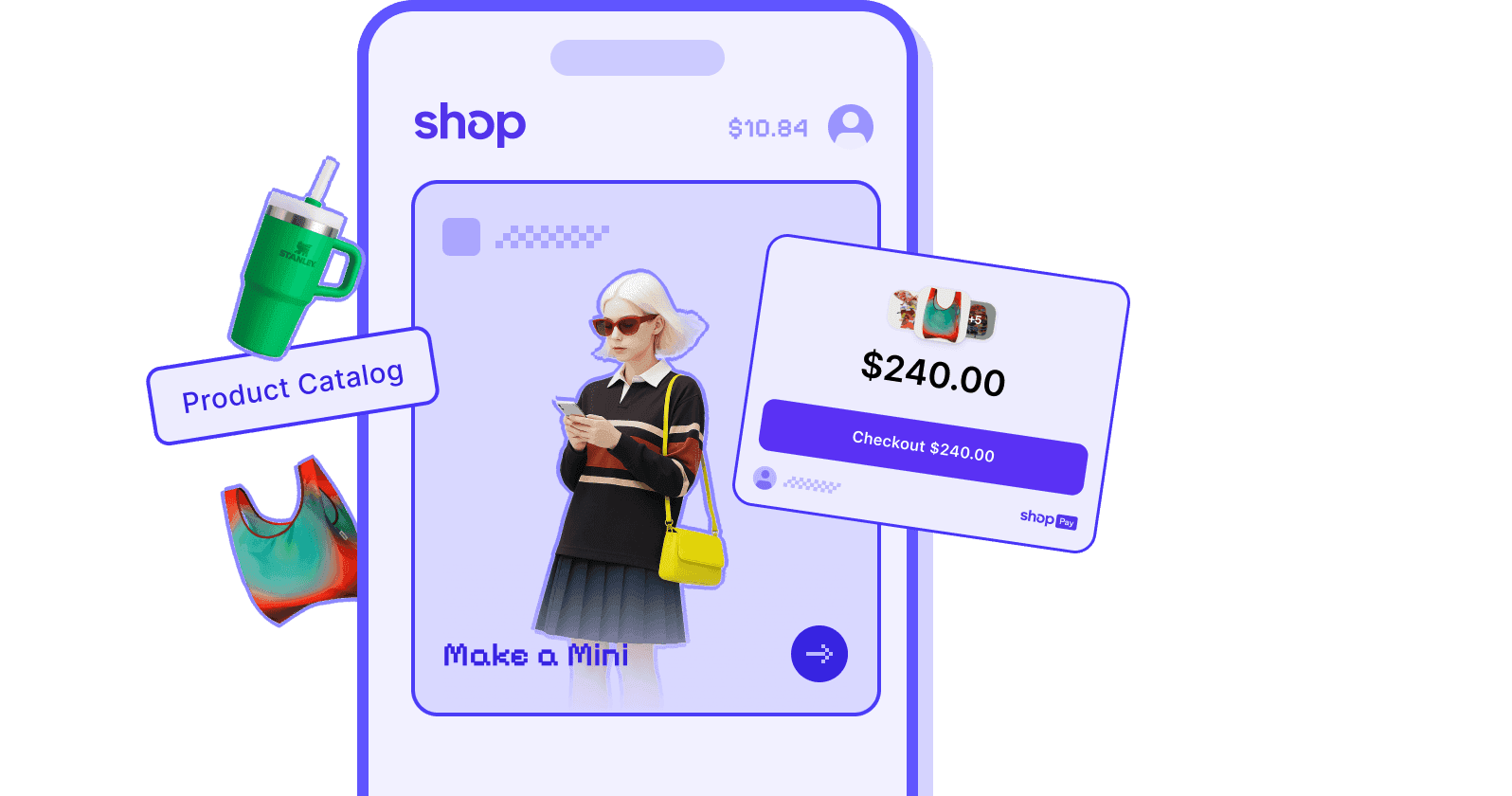 A phone showing the Shop app with a product card and a Shop Pay checkout panel.
