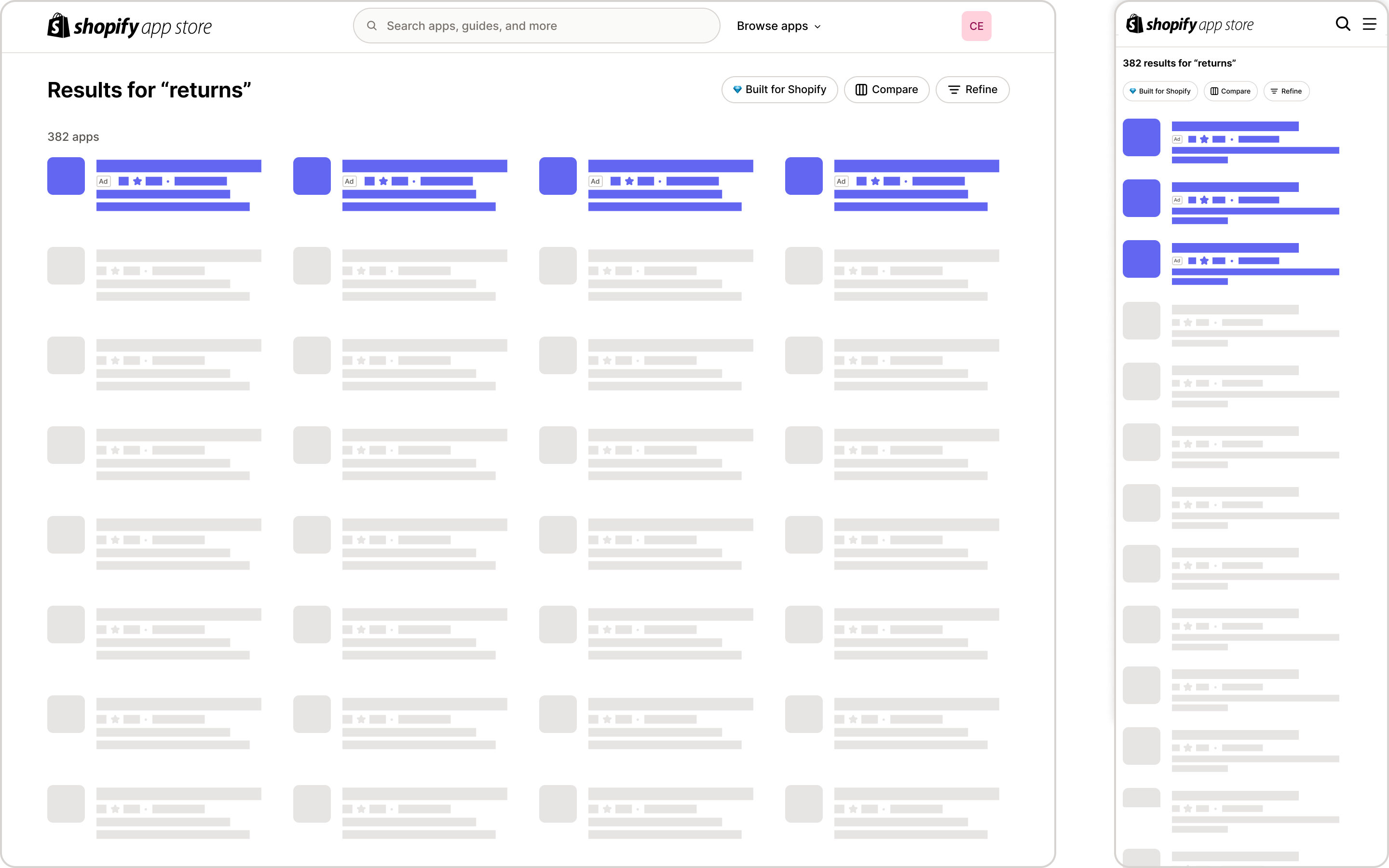 Search results page with ads on the Shopify App Store.