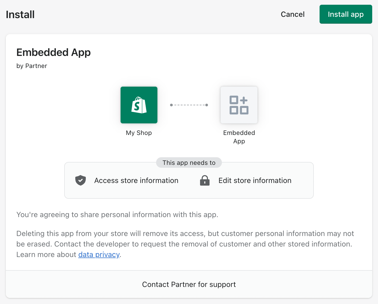 Screenshot showing the Shopify OAuth installation permissions prompt asking the user to choose "Install app" or "Cancel".