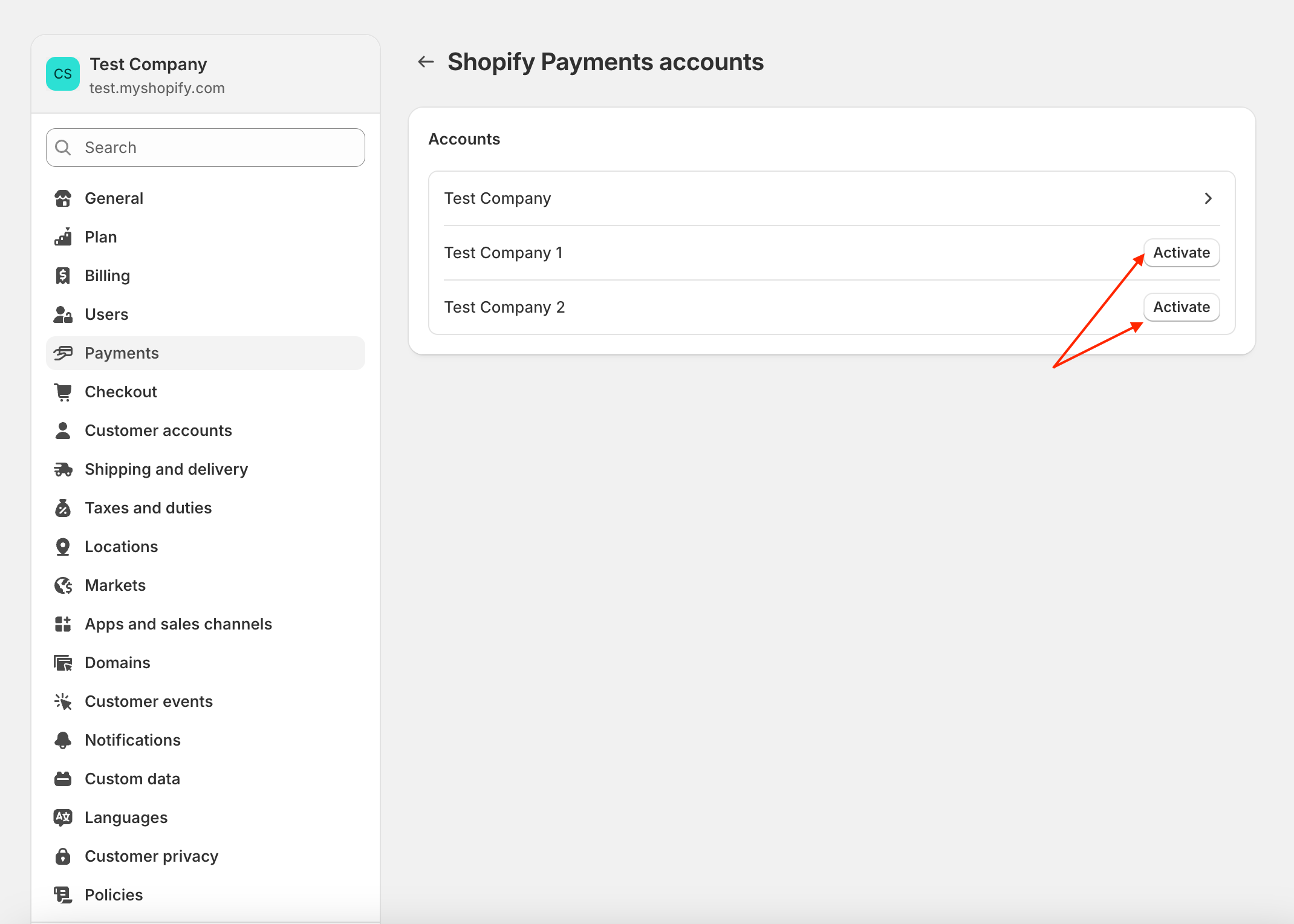 Screenshot of store with multiple business entities enabled, activating payments for each legal entity