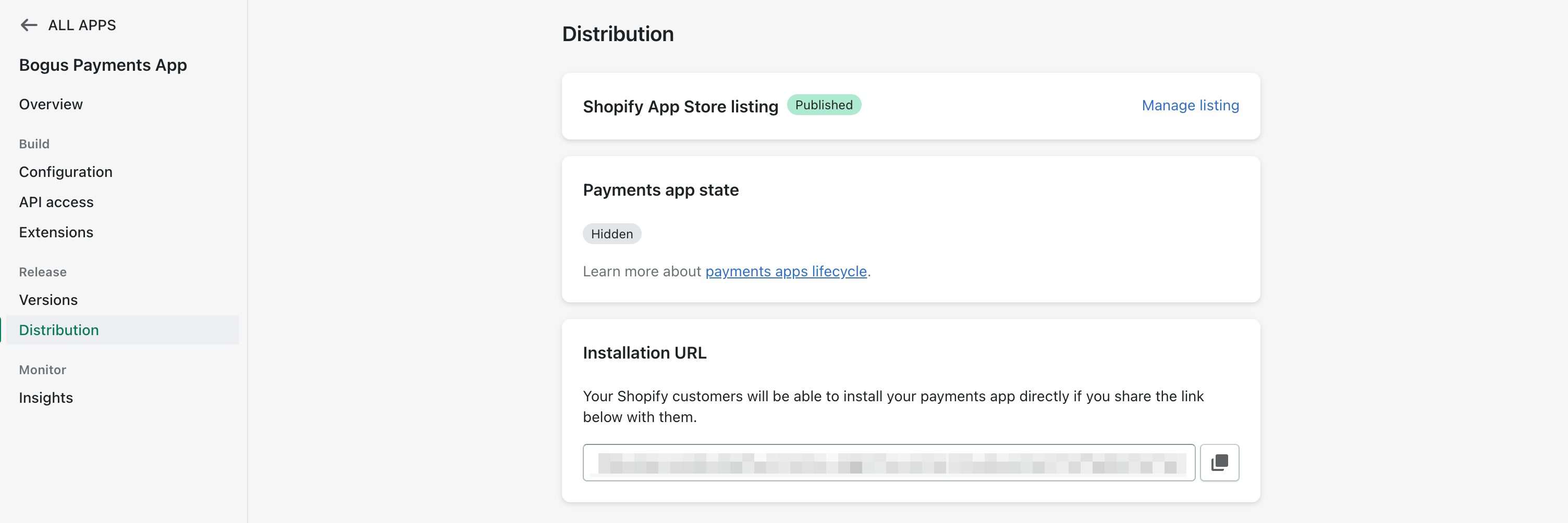 Screen showing the payments app installation URL