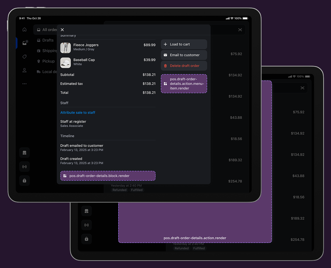 POS draft order details screen showing all available extension target locations for draft order management.