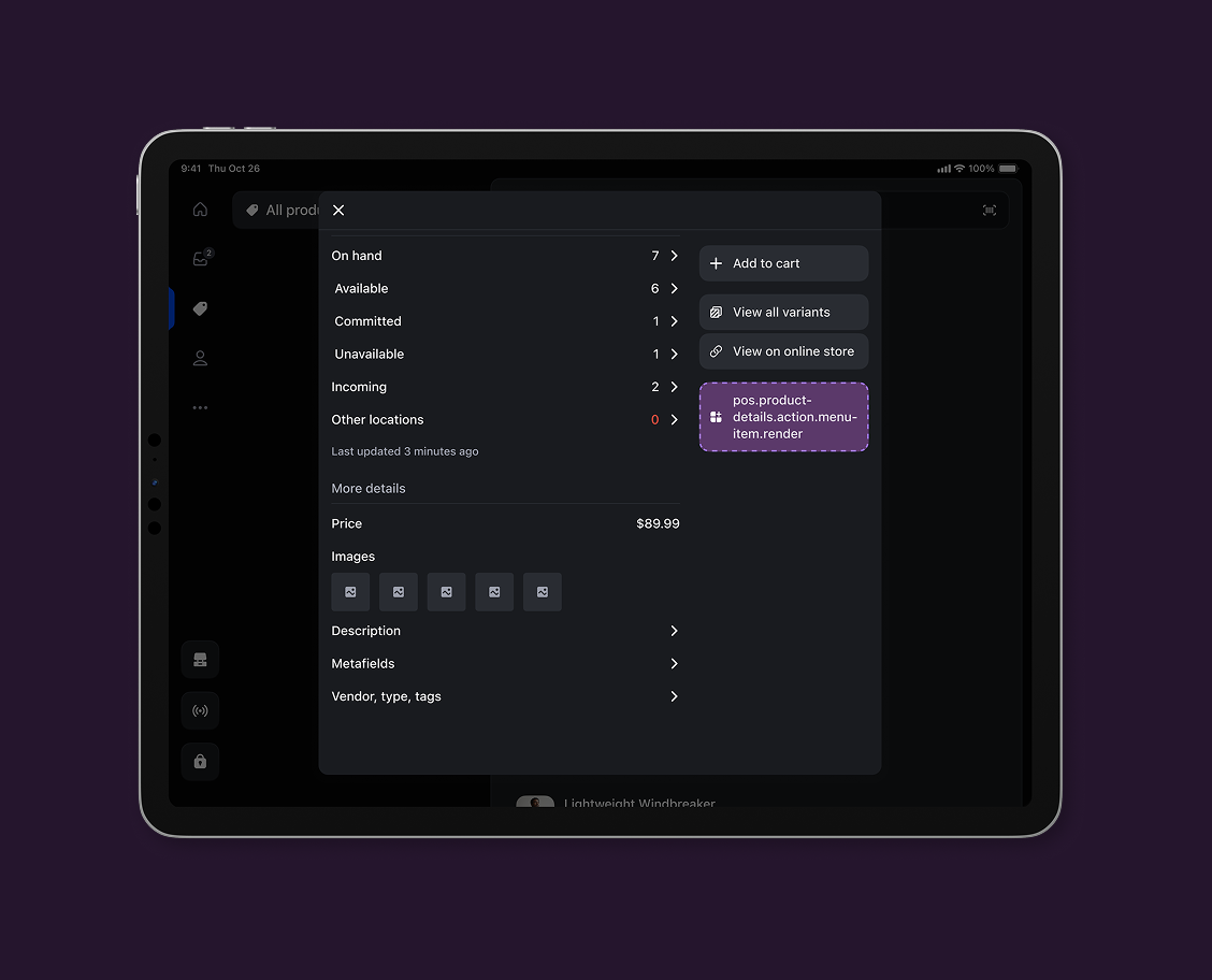 Product details menu item action target
