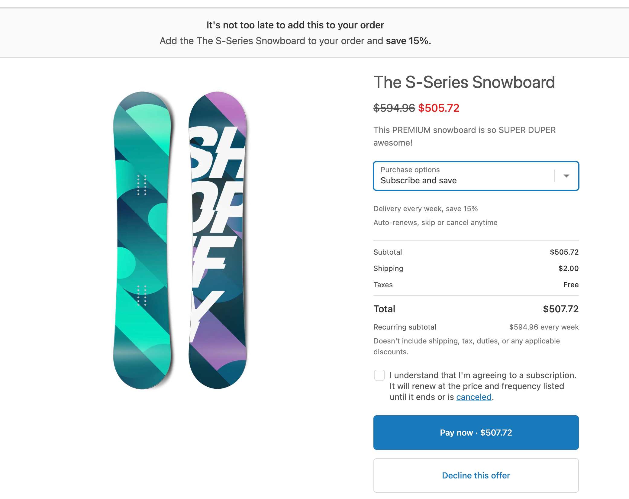 Overview of a post-purchase subscription added to a single item