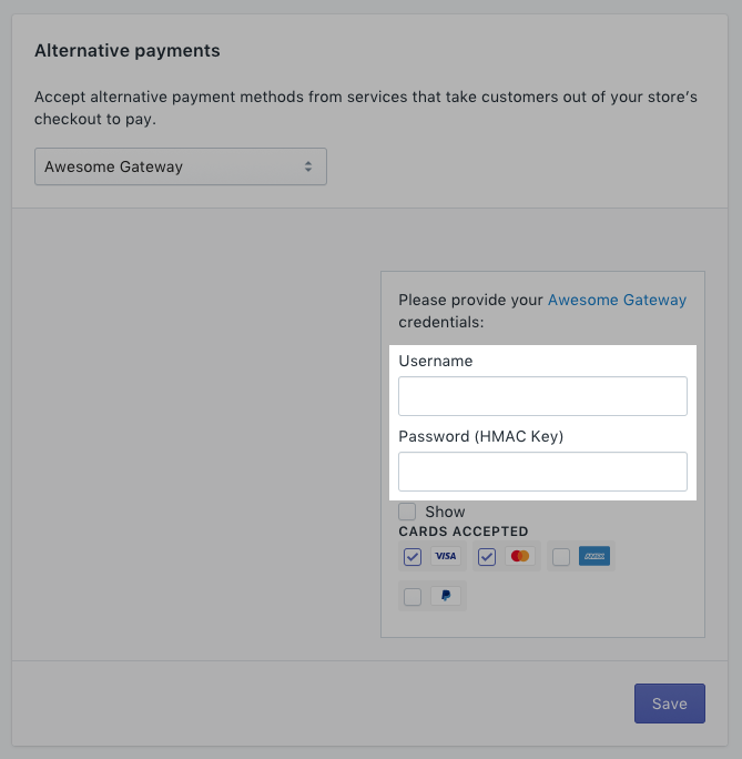 Entering credentials for your gateway on your dev store