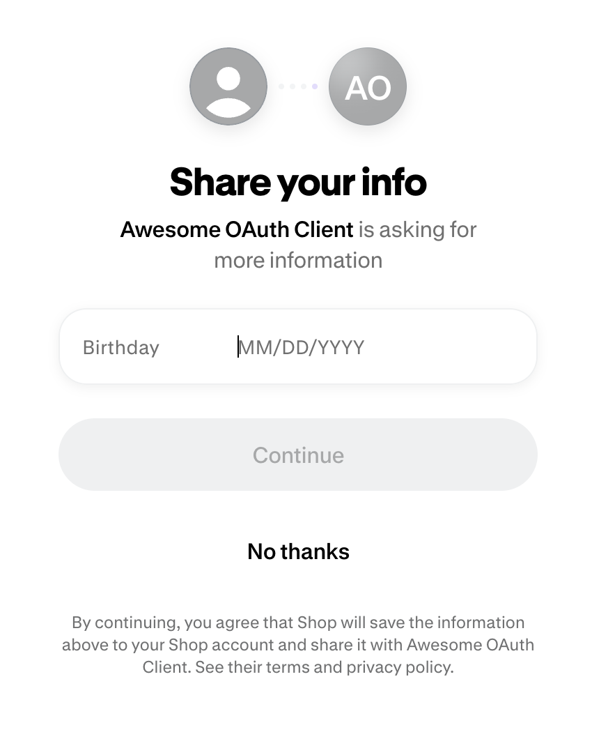 Shop asks the user to enter a missing birthdate before sharing it with the app.