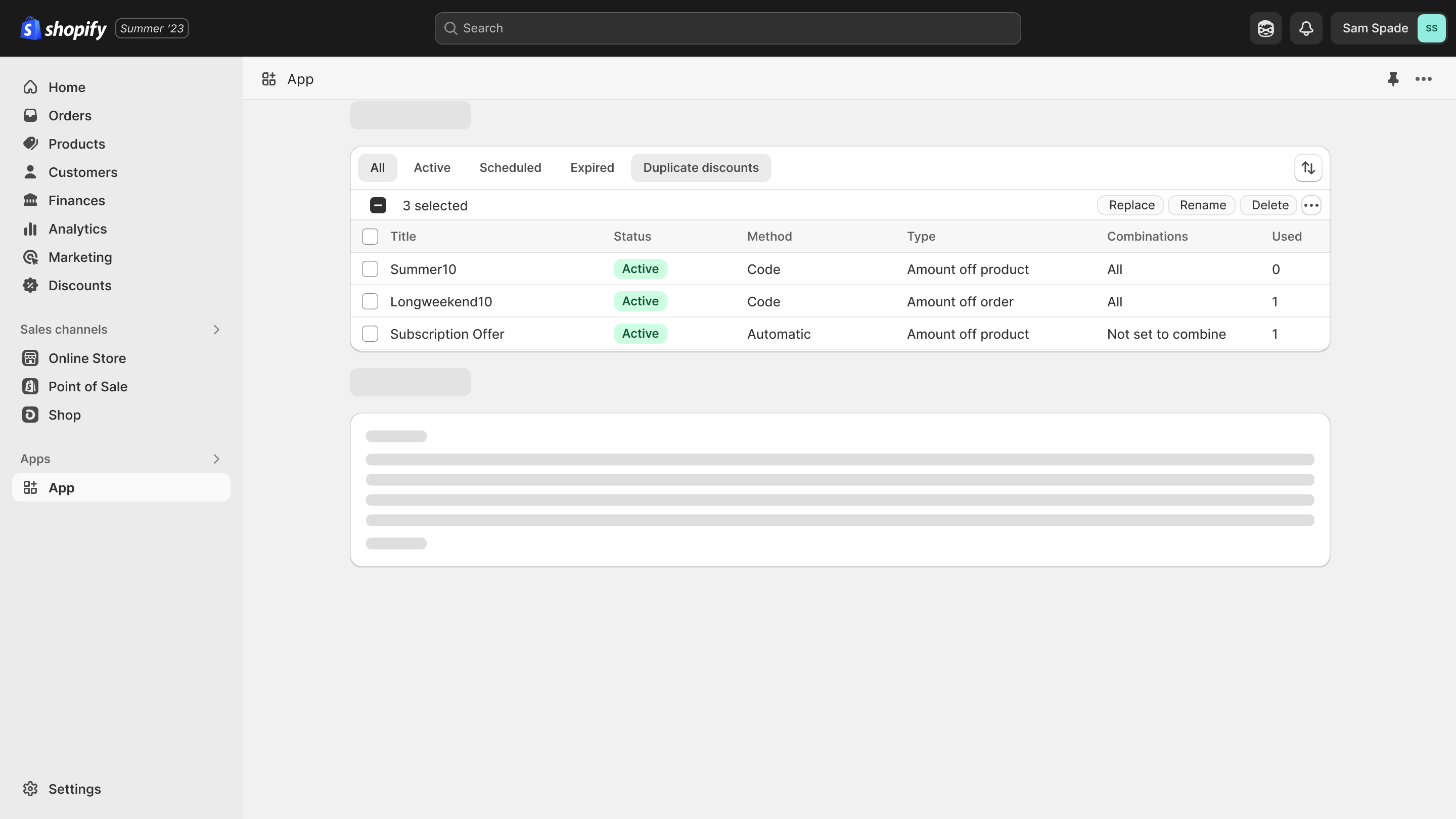Manage discount codes page