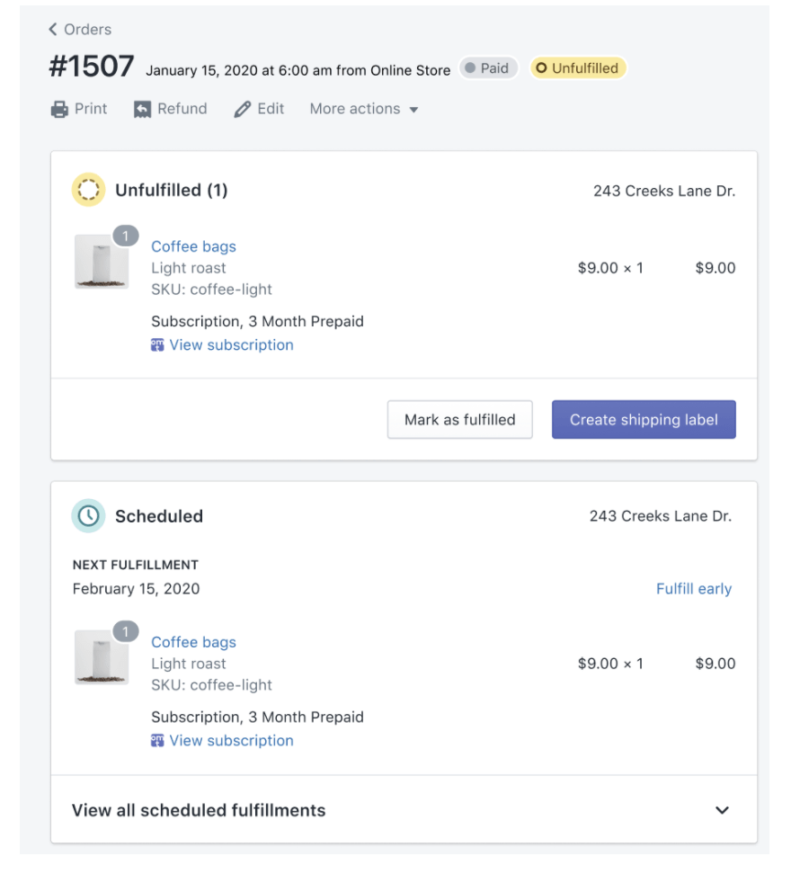 Fulfillment orders for prepaid subscriptions in the Shopify admin