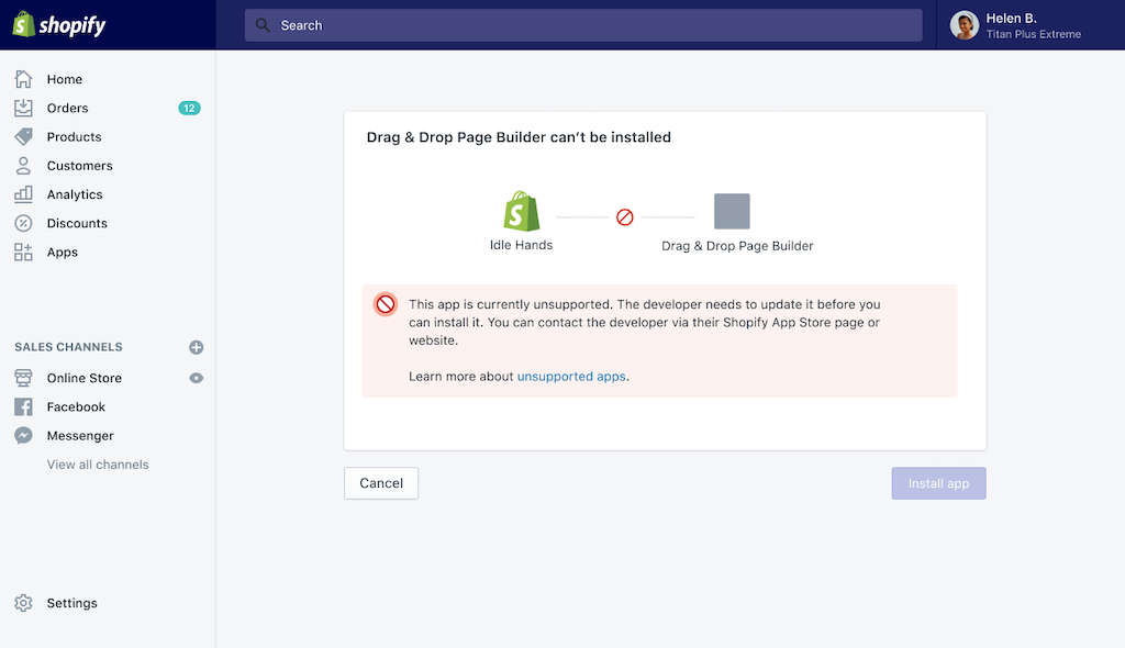 Screenshot of user installs blocked for unsupported apps