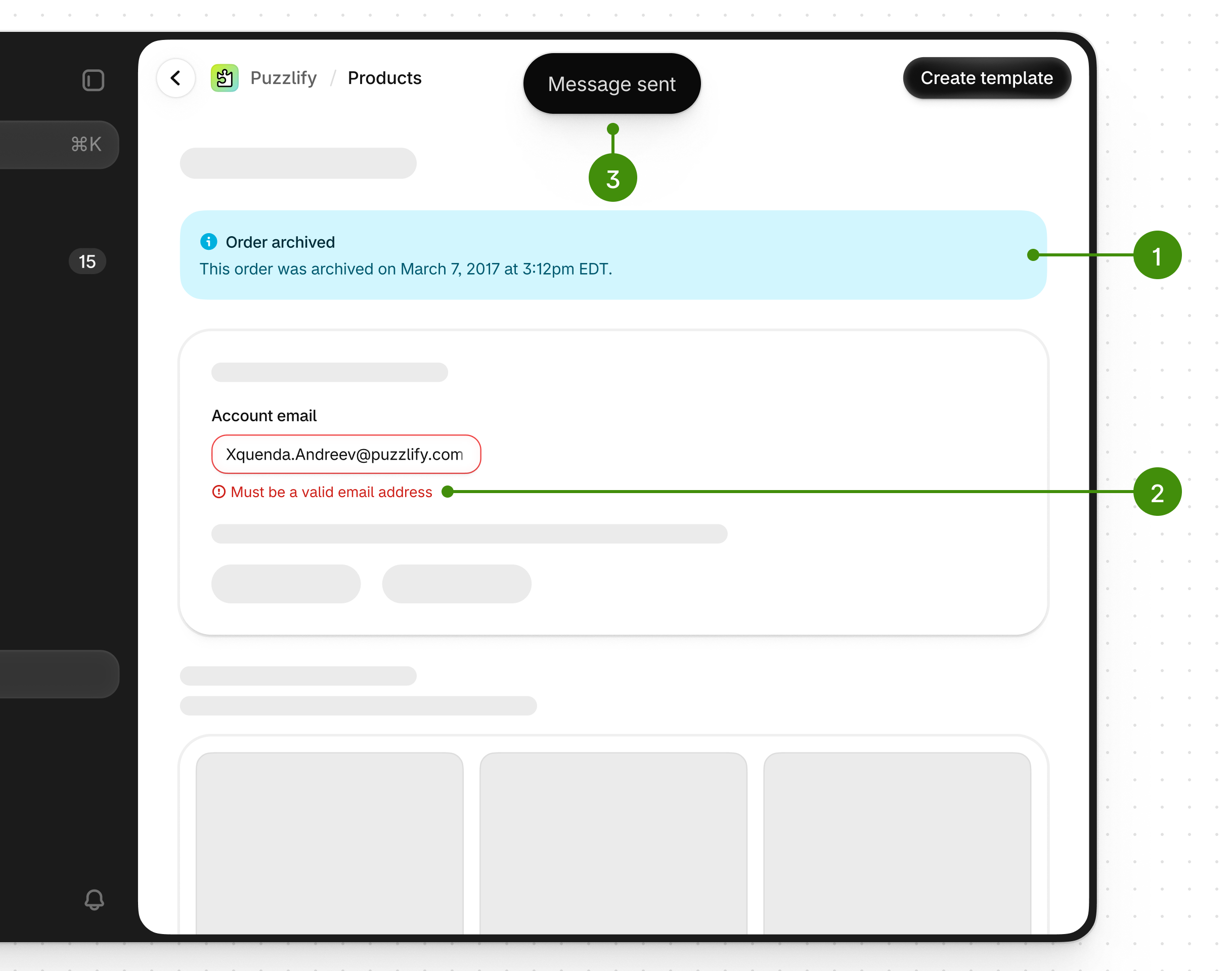 The app body within the Shopify admin and the types of alert patterns, which include a dismissible banner for a system alert (labeled 1), an inline alert for an error (labeled 2), and a toast (labeled 3).