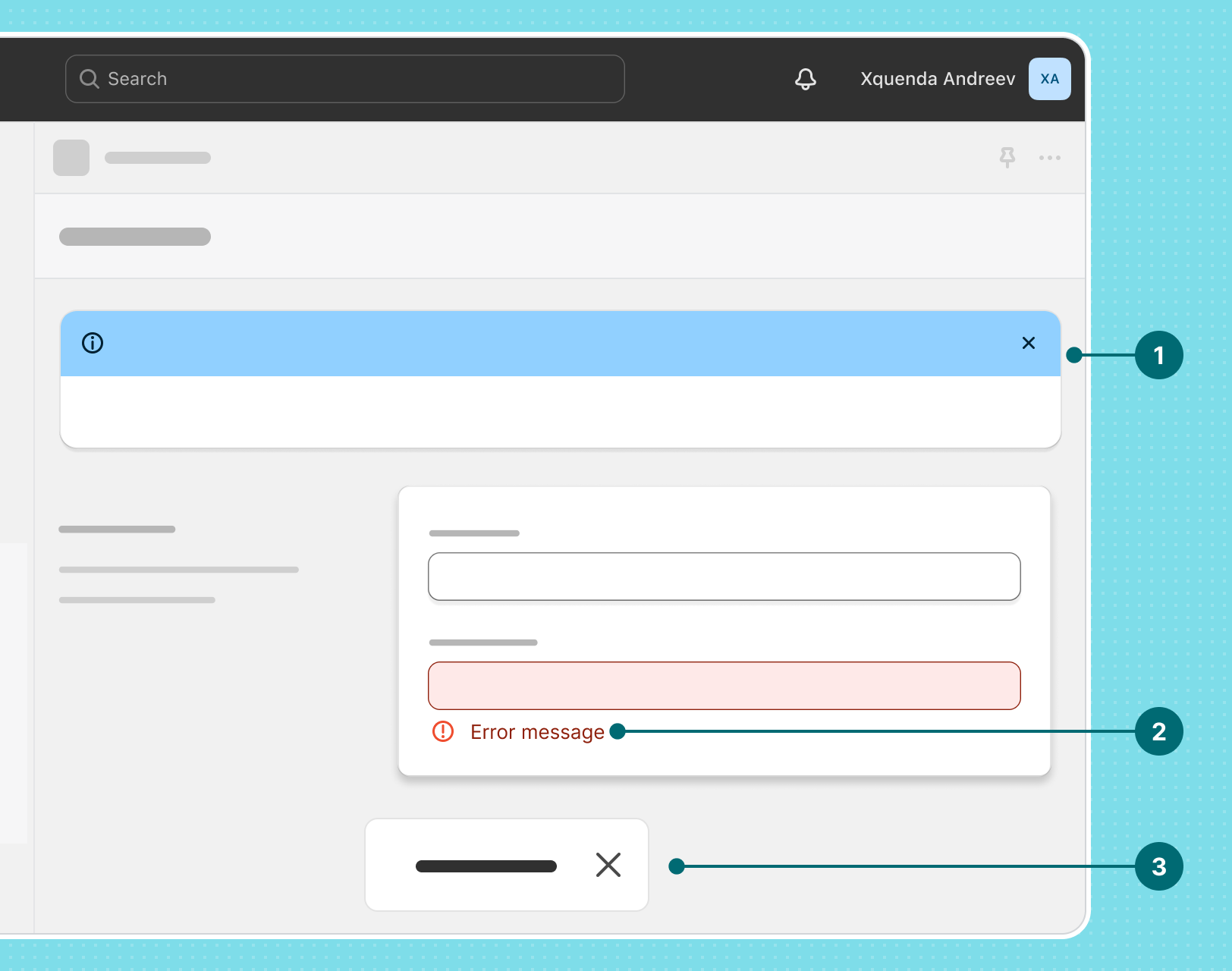 The app body within the Shopify admin and the types of alert patterns, which include a dismissible banner for a system alert, (labeled 1), an inline alert for an error, (labeled 2), and a toast, (labeled 3).'