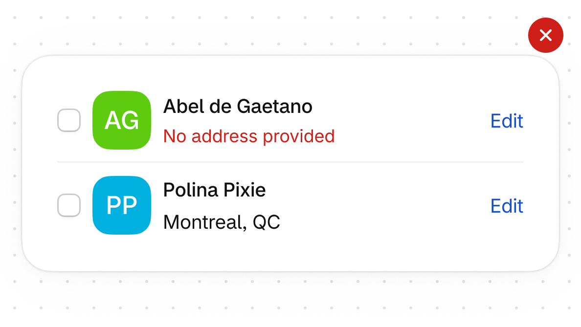 A list of customers. One name has an inline warning that reads 'Fraudulent charge' in red, with no icon.