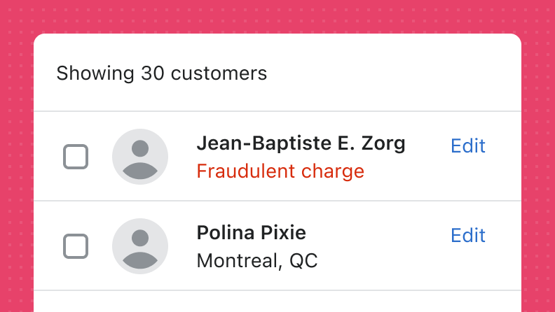 A list of customers. One name has an inline warning that reads 'Fraudulent charge' in red, with no icon.
