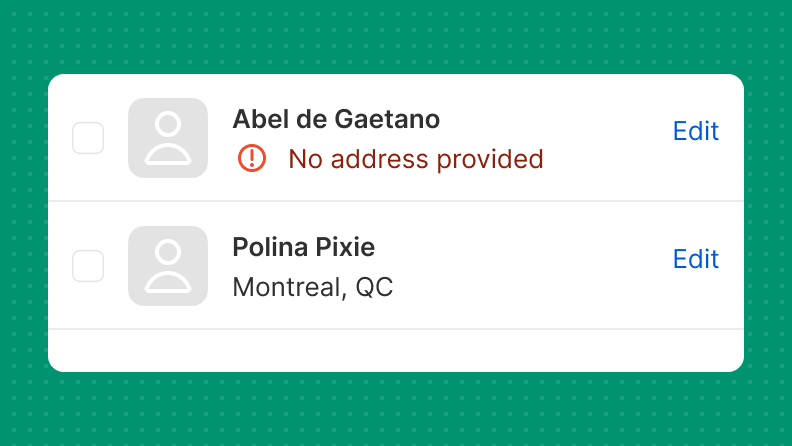 A list of customers. One name has an inline warning that reads 'No address provided', in red, with an icon.
