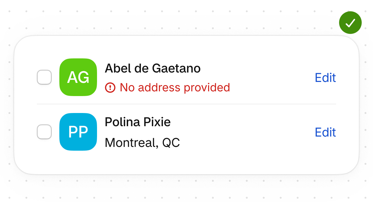 A list of customers. One name has an inline warning that reads 'No address provided', in red, with an icon.