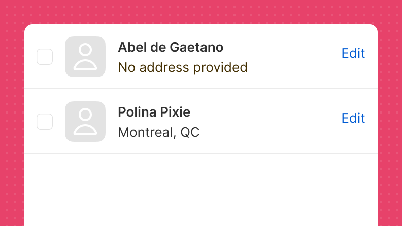 A list of customers. One name has an inline warning that reads 'No address provided', with no icon.