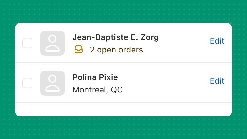 A list of customers. One name has an inline warning that reads '2 open orders', with an icon.