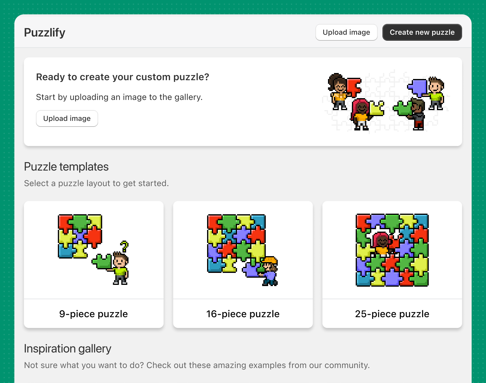 The Puzzlify App Home page with different sections inviting merchants to either upload an image or start creating a puzzle.